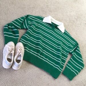 GREEN & WHITE STRIPED POLO STYLE SWEATER/ NEW